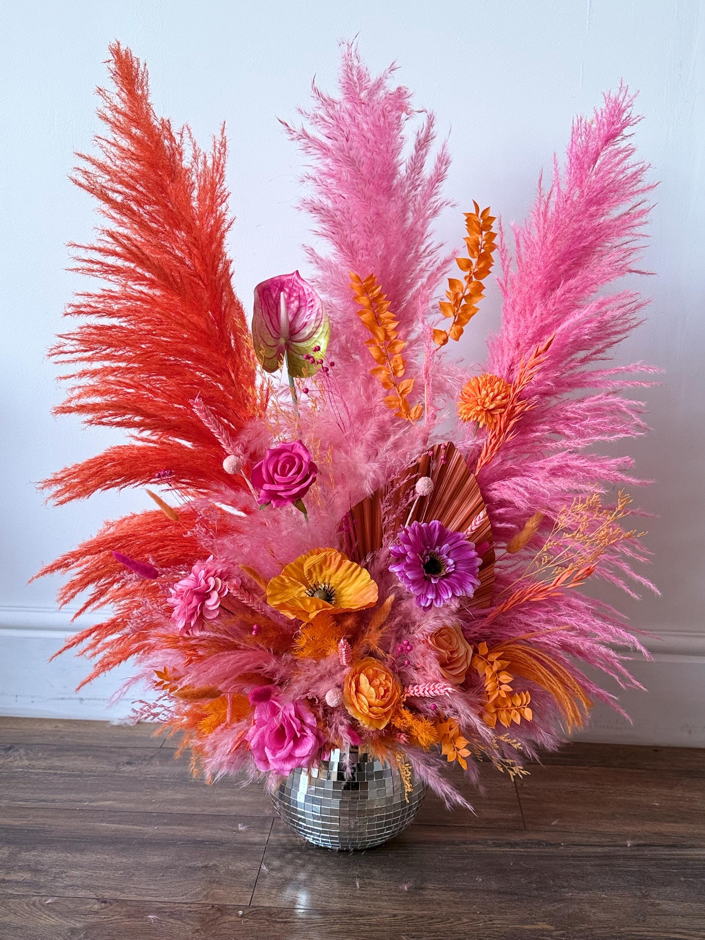 Hot Pink & Orange Disco Ball Flower Centerpiece: Disco Wedding