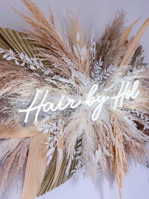 Pampas and Neon Sign: Bespoke Salon Flower Decor
