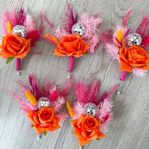Disco Ball Bride Bouquet: Hot Pink & Orange Dried Flowers, Boho Wedding Buttonhole orange