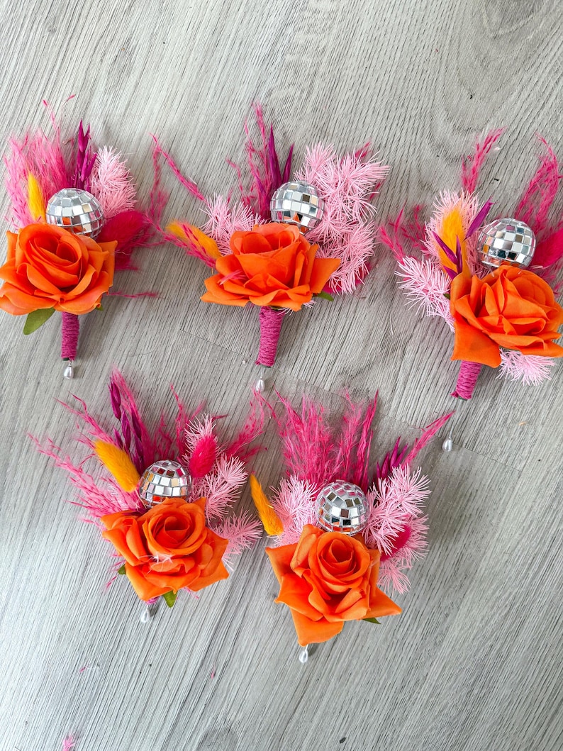 Disco Ball Bride Bouquet: Hot Pink & Orange Dried Flowers, Boho Wedding Buttonhole orange
