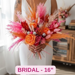 Disco Ball Bride Bouquet: Hot Pink & Orange Dried Flowers, Boho Wedding Bridal