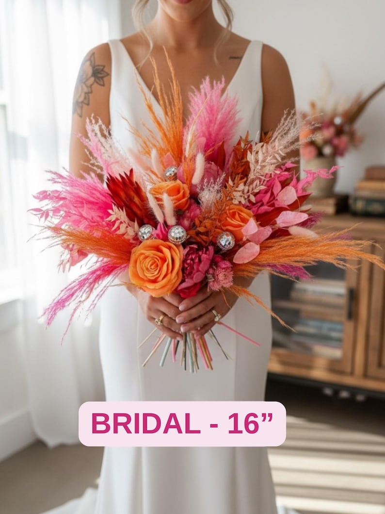 Disco Ball Bride Bouquet: Hot Pink & Orange Dried Flowers, Boho Wedding Bridal