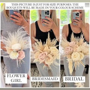 May include: Three dried flower bouquets in different sizes, with a white and pink colour scheme. The bouquets are held by people in front of a mirror. The bouquets are labelled "Flower Girl", "Bridesmaid", and "Bridal".