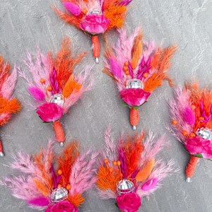 Disco Ball Bride Bouquet: Hot Pink & Orange Dried Flowers, Boho Wedding Buttonhole pink rose