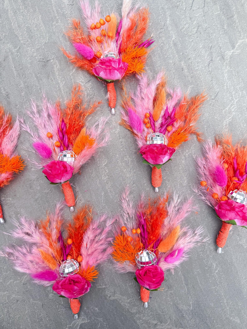 Disco Ball Bride Bouquet: Hot Pink & Orange Dried Flowers, Boho Wedding Buttonhole pink rose