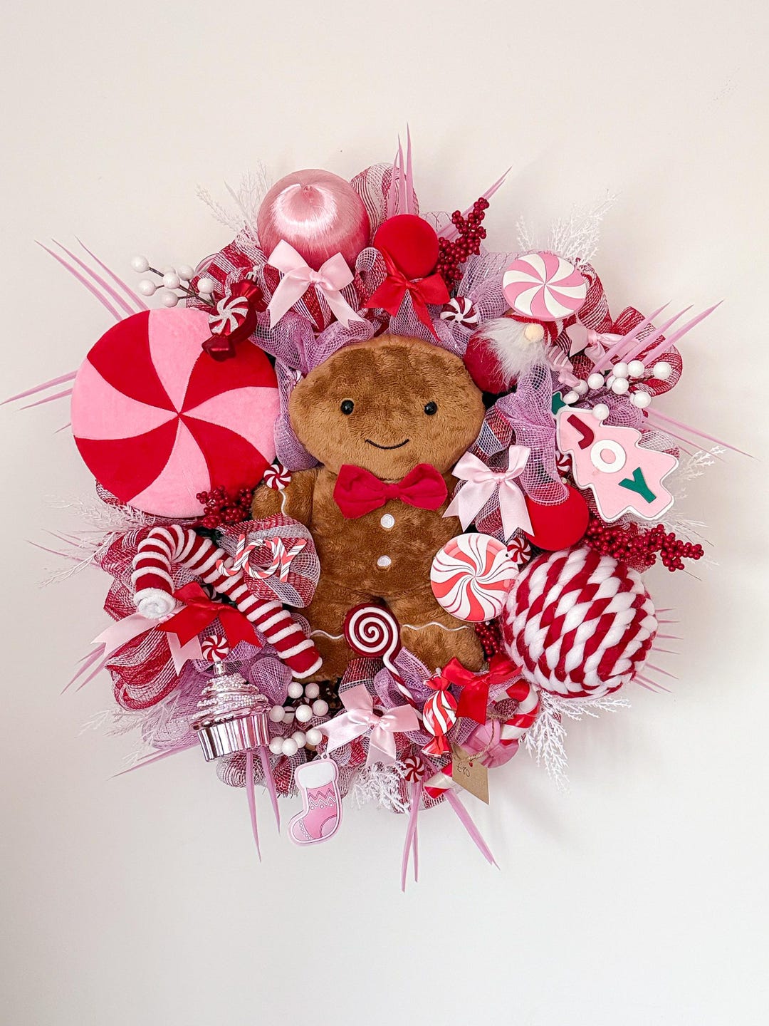Candy Cane Pink and Red Gingerbread Man Wreath, Outdoor Christmas ...