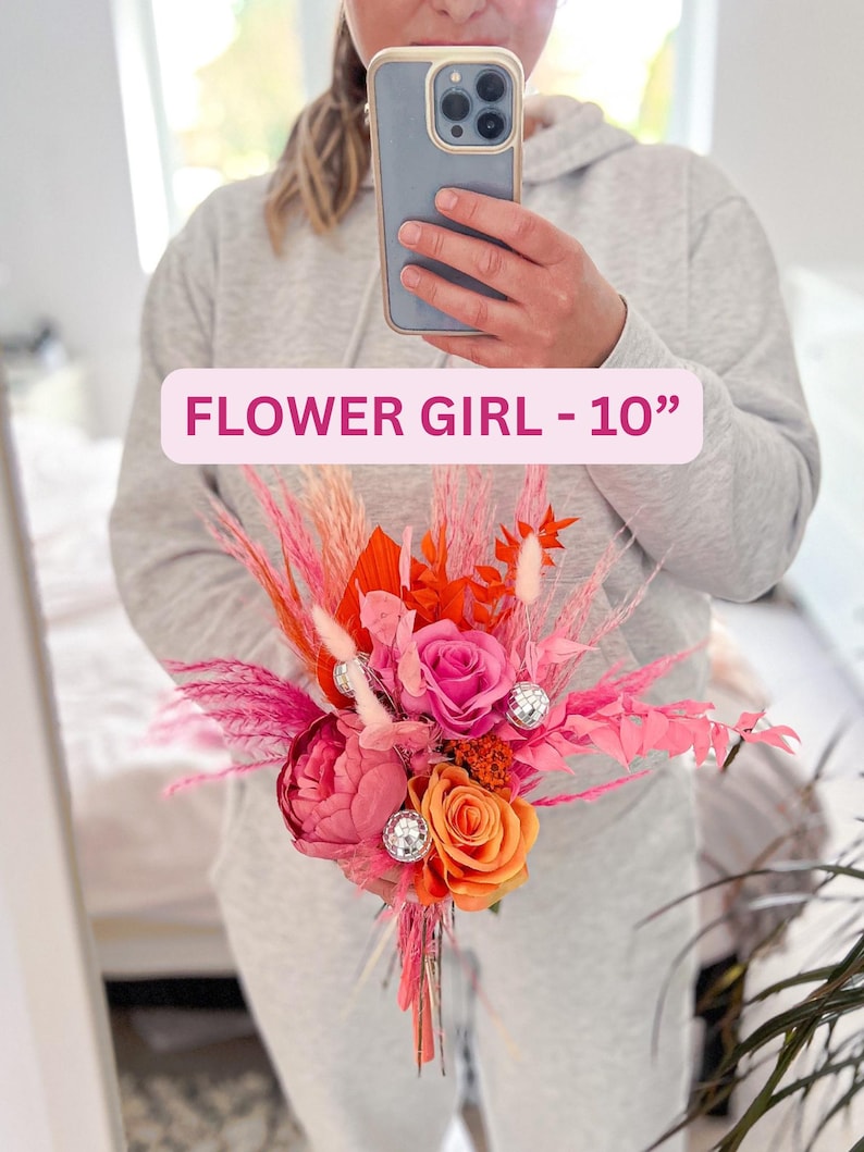 Disco Ball Bride Bouquet: Hot Pink & Orange Dried Flowers, Boho Wedding Flower Girl