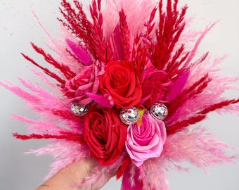 Disco Ball Bride Bouquet: Hot Pink & Red Dried Flowers, Silk Roses