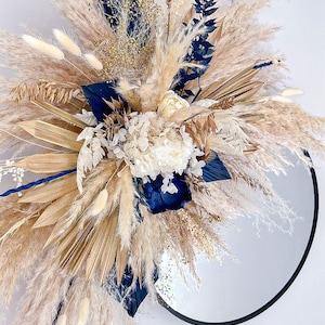 Navy Blue Pampas Mirror Decor, Dried Flower Wall Display, Wedding Arch Flowers, Salon Wall Decor