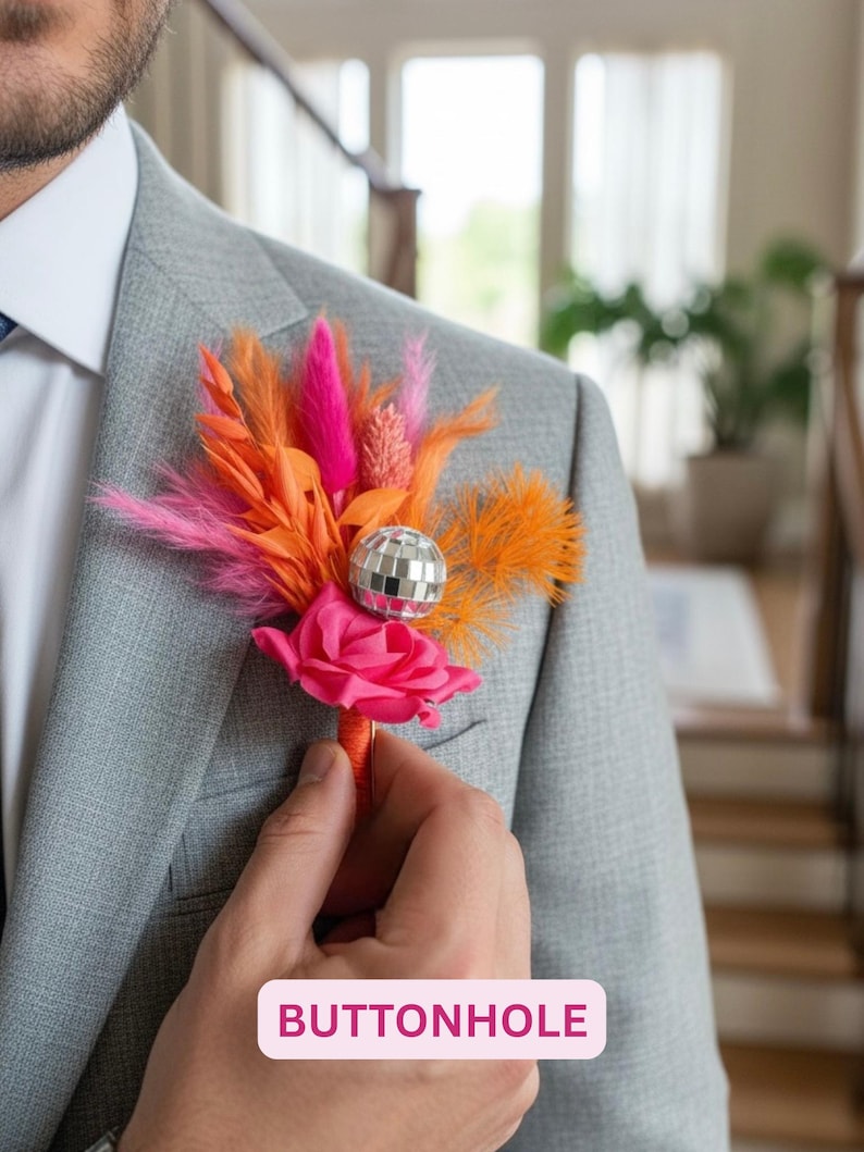 Disco Ball Bride Bouquet: Hot Pink & Orange Dried Flowers, Boho Wedding image 9