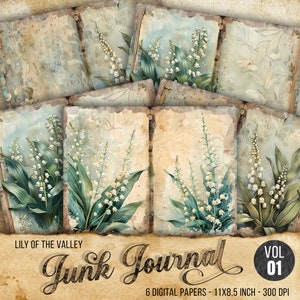 Kit de journal indésirable muguet, papiers journal indésirable muguet, 6 pages de journal numérique, éphémères imprimables shabby chic