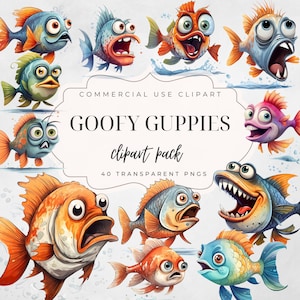 40 divertenti clipart di pesci / pesce stravagante PNG sfondo trasparente / uso commerciale / artigianato di carta / creazione di biglietti / album / sublimazione