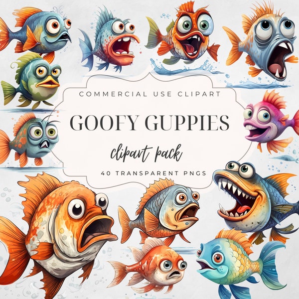 40 Funny Fish Clipart Bundle | Quirky Fish PNG transparent background | Commercial Use | Paper Craft | Card Making | scrapbook | sublimation