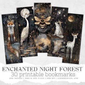 30 Whimsical Woodland Animals Printable Bookmarks Bundle, PNG, JPG, Fantasy Landscape Sublimation, Print And Cut, Forest, Trees, mystical