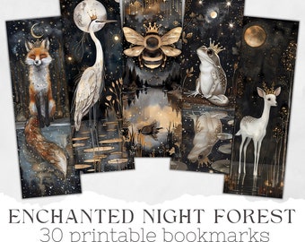 May include: Set of 30 printable bookmarks featuring a whimsical night forest scene with a fox, heron, bee, frog, and deer. Each bookmark is 2x6 inches and features a dark blue background with gold accents and stars.