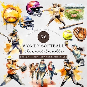 vrouwen softbal clipartbundel, sportafbeeldingen, afdrukbare muurkunst, sublimatieontwerp, aquarel, junk journaling, png, gamedag, speler