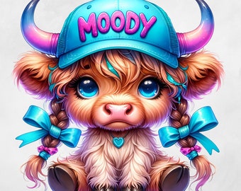 May include: A cute cartoon Highland cow with brown fur, wearing a blue baseball cap with the word "MOODY" in pink letters. The cow has blue eyes, a pink nose, and two blue bows in its braided hair.