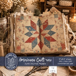May include: An open junk journal page featuring a printed quilt pattern with a central star design in red, blue, and cream floral motifs. The paper has a vintage, aged appearance with deckled edges and includes text reading Americana Quilt-core.