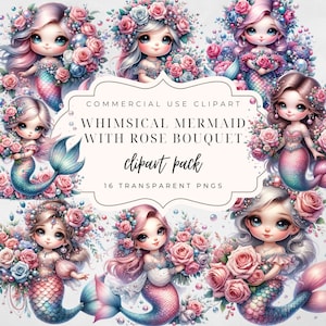 16 wunderliche Meerjungfrau Clipart-Bundle | Aquarell süße Meerjungfrau png | Junk Journal | Sammelalbum | Sublimationsdruck | Tasse Motiv | Unter dem Meer