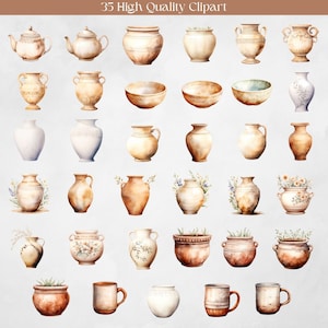 May include: A collection of 35 watercolour illustrations of various pottery and ceramic items, including teapots, bowls, vases, and mugs. The illustrations are in shades of brown, beige, and white, with some featuring floral details.