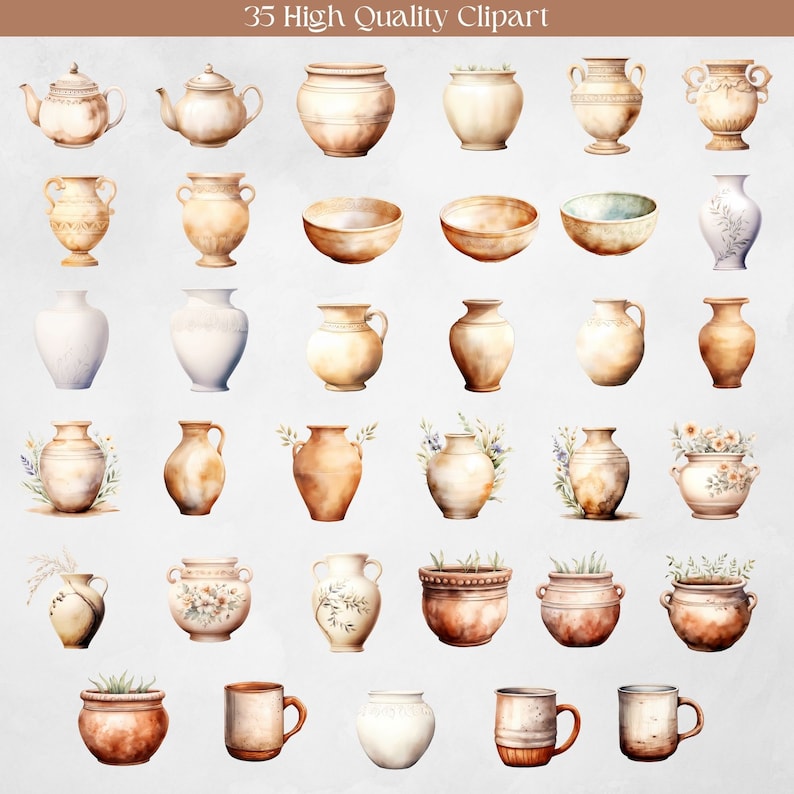 May include: A collection of 35 watercolour illustrations of various pottery and ceramic items, including teapots, bowls, vases, and mugs. The illustrations are in shades of brown, beige, and white, with some featuring floral details.