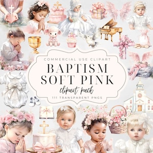 Aquarell erste Kommunion Clipart, Pastell rosa, Taufe Clipart, Taufe, Blumenkreuz, Bibel, Religion, Rosenkranz, Taube, kommerzielle Nutzung