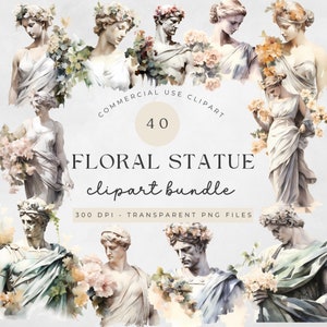 40 Clipart aquarelle de statues romaines, Rome PNG, statues anciennes florales, mythologie grecque, statue en marbre, clipart esthétique, usage Commercial