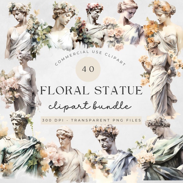 40 Watercolor Roman Statues Clipart, Rome PNG, Floral Ancient Statues, Greek Mythology, Marble Statue, Aesthetic Clipart, Commercial Use