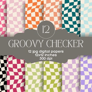 Cyfrowy papier Groovy Checker, estetyczne tło z wzorem, falista kratka bezszwowa, papier do scrapbookingu cyfrowego, funky, lata 70., 80., 90.