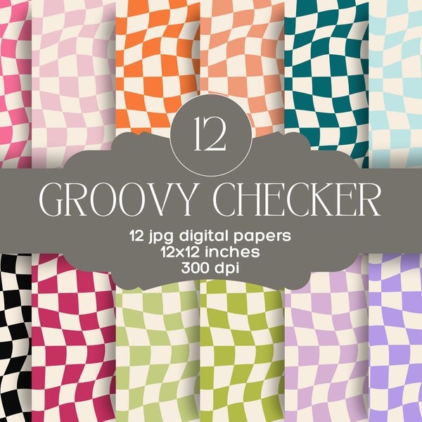 Groovy Checker digital paper, aesthetic pattern background, wavy check seamless, Digital Scrapbook paper, funky, 70's, 80's, 90's