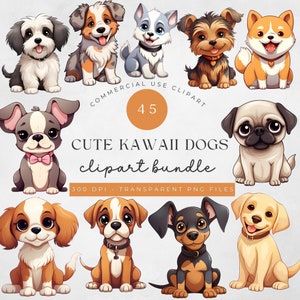 45 Dogs Clipart Bundle, Razze di cani carine PNG stampabili, Cani kawaii per la creazione di biglietti, stampa, artigianato di carta, progettazione grafica a sublimazione