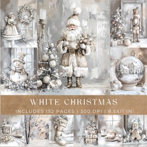 White Christmas Junk Journal Seiten Druckbare Digitaler Download Winter Scrapbook Papier Rentier Weihnachtsmann Kratzbaum Ephemera 8.5 x 11 Handwerk Vintage