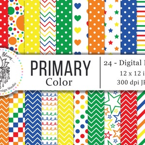 Papel para álbum de recortes digital de colores primarios, patrón sin costuras, fondo, paquete de papel, paquete, rojo, azul, amarillo, rayas, lunares, estrella, corazón