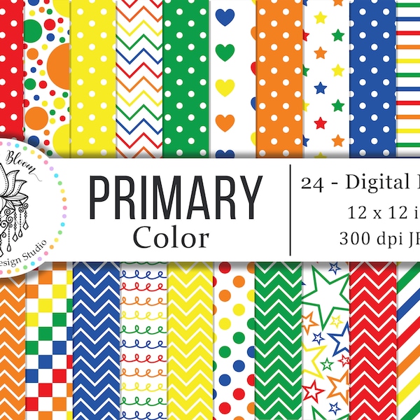 Primary Color Digital Scrapbook paper, seamless pattern, background, paper pack, bundle, red, blue, yellow, stripes, polka dots, star, heart