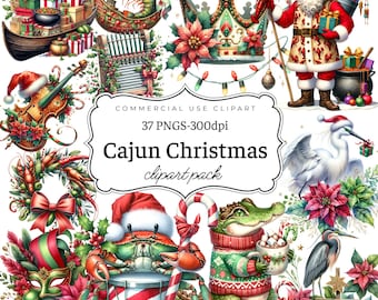 Watercolor Cajun Christmas Clipart, Louisiana Alligator, Santa (PNG 300 DPI)
