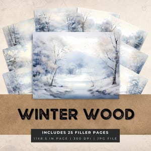 Graphiques de paysages de bois d'hiver, pages imprimables de journal indésirable, ressource de scrapbooking, papier numérique, paysage enneigé, créations en papier, fabrication de cartes