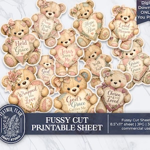 May include: A digital printable sheet featuring multiple teddy bears in shades of beige and pink, each holding a heart with religious text including Held by Grace, Pray Trust Rest, Hope in Him, Loved Beyond Measure, Jesus Loves Me, God is With You, Walk by Faith, Grace Upon Grace, Wrapped in His Love, God's Grace Carries Me, and Chosen & Loved.