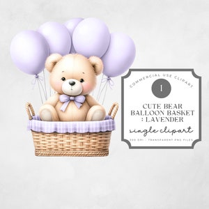 Lindos globos de oso PNG, cesta de mimbre estilo bohemio con forma de oso de peluche, clipart de acuarela, lavanda púrpura pastel, oso volador, baby shower, primer cumpleaños