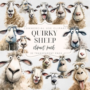 32 Funny Sheep Faces Clipart Bundle | High Quality PNG clipart | Commercial Use | Farm Animal Clipart | Quirky Animal | Silly Sheep