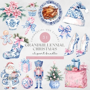 Aquarelle de Noël grand millénaire, chinoiseries, bleu rose, PNG vintage, boules de Noël, canne en bonbon, noeuds, poinsettia, casse-noisette, père Noël