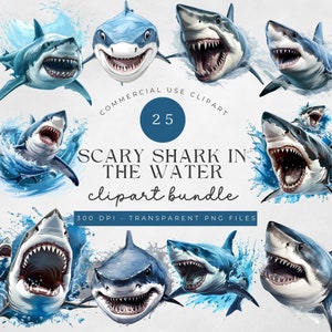 25 Ocean Sharks Watercolor Clipart, Underwater Sea Life Instant Download Commercial use, Transparent PNG Animals Sublimation Graphics Bundle