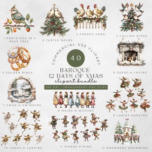 12 Tage Weihnachten zwölf Clipart Clip Art Transparent PNG Vintage Pingeliger Schnitt Barock Weihnachten Urlaub Baum Vogel Tauben Viktorianisch