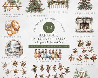 12 Days of Christmas Clipart Bundle: Vintage Baroque PNG (Commercial Use)