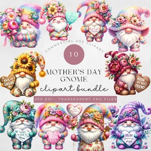 Watercolor Mothers Day Gnomes Collection Clipart, 10 PNG Garden Gnome Clipart, Spring Gnomes, Gnome With Flowers, Gnomes PNG, Commercial Use