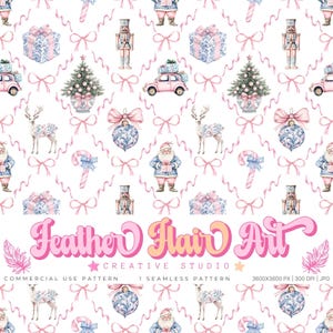 May include: A repeating pattern with festive Christmas imagery. The design incorporates Santa Claus, reindeer, baubles, gifts, and a pink car with presents. The text "Feather Flair Art" is visible in the design.