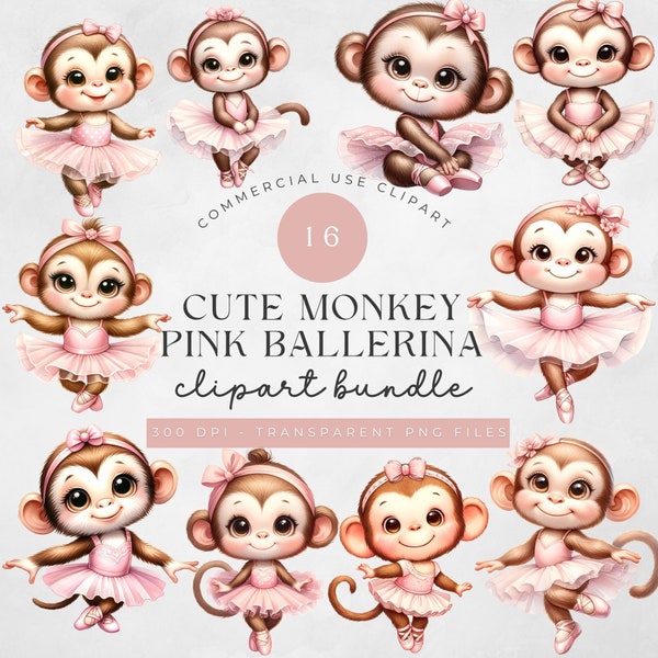 Ballerina Monkey Clipart, Nursery illustration, Watercolor Animal, Cute Animal, Ballet, Pink, baby monkey, transparent png, 300 dpi graphic