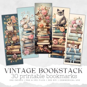 Stacked Books Printable Bookmarks, Book Lovers Designs, Digital Letter Size JPG sheet, PNG Bookmark Sublimation, vintage book stacks