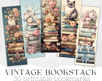 Stacked Books Printable Bookmarks: Vintage Floral Designs (Digital)