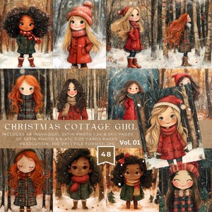 Cottage Girl Christmas Winter Junk Journal pagina, efemere, kaart, postkaart, gezellig klein meisje, plakboek, land, ATC afdrukbare afbeelding van 5 x 7