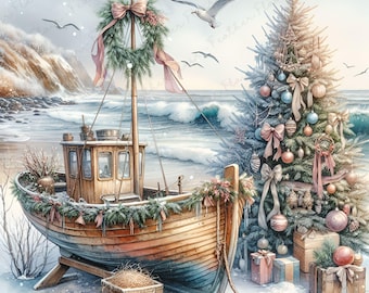 Coastal Seaside Christmas graphics jpg, Watercolor holiday clipart, beach, junk journal, scrapbook, card making,